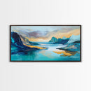 Serene Fjord, mountain painting, lake Tahoe art, blue and green wall art, panoramic painting, extra wide art, Framed Canvas Print, above sofa art