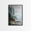 Coastal Cliff, ocean waves, pine tree art, landscape painting, coastal wall art, rustic decor, framed canvas print, nautical art