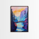 Vibrant Mountain Bridge, pink orange wall art, forest at dusk painting, landscape painting, above bed wall art, Canvas Print