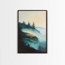 Foggy Mountains, mountain painting, smoky mountain art, pine tree art, forest at dusk painting, Framed Canvas Print, bedroom art