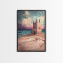 Fantasy Castle Framed Canvas Print Dreamy Coastal Art, Whimsical Beach Painting, Living Room Wall Decor, Pastel Ocean Landscape