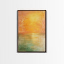 Golden Sunset Horizon Framed Canvas Print Warm Minimalist Wall Art, Serene Ocean Painting, Modern Living Room Decor, Calming Tones