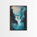 waterfall painting, landscape painting, framed canvas print, mountain painting, rustic wall art, blue and green wall art, gift idea