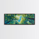 Sunlit Forest Framed Canvas Print Vibrant Nature Wall Art, Green Tree Canopy Painting, Bright Boho Decor, Botanical Living Room Art