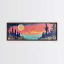 Mystical Moonlight Landscape Framed Canvas Print, Dreamy Forest Art, Boho Sunset Wall Art, Celestial Painting, Living Room Decor