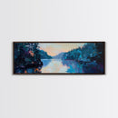 Twilight Lake Reflections Framed Canvas Print, Moody Landscape Painting, Dark Blue Nature Wall Art, Bedroom Art, Wilderness Artwork