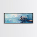 Blue Boathouse Canvas Print Tranquil Lake Scene Wall Art Nautical Cabin Decor Coastal Painting Minimalist Blue Wall Art Living Room