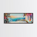 Mediterranean Patio Framed Canvas Print, Coastal Landscape Wall Art, Romantic Seaside Painting, Dining Room Decor, Boho Art