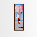 Woman with Umbrella, Summer Vibes, Framed Canvas Print, Coastal Minimalist, Soft Pastel Art, Relaxing Wall Art, Living Room Decor