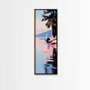 Lakeside Serenity, Moody Nature, Framed Canvas Print, Contemporary Wall Art, Blue and Pink Painting, Living Room Wall Art