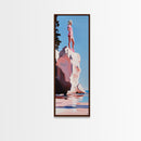 Coastal Adventure, Pink and Blue Art, Minimalist Beach Scene, Modern Landscape, Travel Inspiration, Contemporary Framed Canvas Print