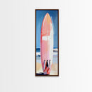 Pink Surfboard, Beach House Art, Coastal Aesthetic, Surfer Lifestyle, Summer Vibes, Ocean Theme Framed Canvas Print, Modern Wall Decor
