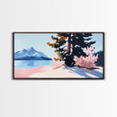 Mountain Landscape, Tranquil Lake Scene, Serene Nature Painting, Minimalist Home Decor, Rustic Wilderness Art, Framed Canvas Print