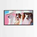 Stylish Dogs, Trendy Animal Art, Pink Aesthetic Print, Modern Pet Portrait, Whimsical Wall Art, Playful Decor, Framed Canvas Print