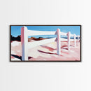 White Fence, Coastal Landscape, Pastel Beach Art, Framed Canvas Print, Minimalist Wall Decor, Ocean View Painting, Summer Art