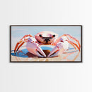 Pink Crab, Coastal Wildlife, Beach Art, Nautical Theme, Framed Canvas Print, Seaside Decor, Ocean Wall Art, Minimalist Animal Painting