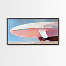 Surfboard Still Life, Minimalist Art, Framed Canvas Print, Ocean Decor, Beach House Wall Art, Soft Pastel Painting, Coastal Vibes