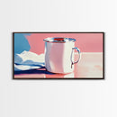 Enamel Mug, Rustic Kitchen, Framed Canvas Print, Minimalist Still Life, Vintage Aesthetic, Cozy Wall Art, Soft Pastel Painting