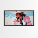 Woman, Sun Hat, Beach, Framed Canvas Print, Fashion Art, Minimalist Style, Boho Home Decor, Coastal Chic, Pastel Summer Painting