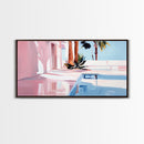 Pink Villa, Poolside View, Tropical Retreat, Canvas Print, Mediterranean Art, Vacation Home Decor, Palm Tree Wall Art, Resort Aesthetic