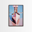Pink Canoe, Girl, Reflection, Framed Canvas Print, Coastal Wall Art, Nautical Decor, Summer Aesthetic, Beach House Art, Boho Art