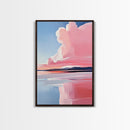 Lakeside Reflection, Calm Water Art, Serene Landscape, Pink and Blue Painting, Boho Minimalist Decor, Framed Canvas Print, Gift Idea