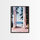 Forest Lake Scene, Tranquil Nature Painting, Minimalist Woodland Print, Blue and Pink Aesthetic, Framed Canvas Print, Bedroom Wall Art