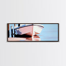 Docked Boat, Nautical Charm, Maritime Art, Framed Canvas Print, Coastal Living Room Decor, Beach House Wall Art, Ocean Painting