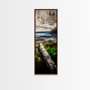 Driftwood Coast, Coastal Landscape, Beach Art, Ocean Decor, Natural Serenity, Rustic Style, Blue And Green Art, Framed Canvas Print