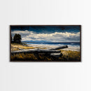 Seaside View, Dramatic Sky, Coastal Landscape, Nature Painting, Deep Blue Tones, Framed Canvas Print, Beach House Decor, Living Room Art