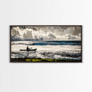 Kayaker on the Waves, Black and White Canvas Print, Ocean Adventure Wall Art, Nautical Decor, Living Room Artwork, Framed Canvas Print