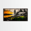 Rustic Cabin Art, Golden Sunset Canvas Print, Autumn Landscape Painting, Nature Wall Decor, Cozy Home Aesthetic, Framed Canvas Print