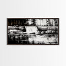 Waterfall Landscape, Black and White Nature Art, Forest Wall Decor, Rustic Art, Minimalist Landscape, Cabin Artwork, Framed Canvas Print