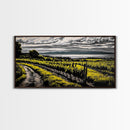Vineyard View, Rolling Hills, Country Art, Framed Canvas Print, Rustic Landscape, Black White Yellow, Living Room Wall Art, Large Canvas