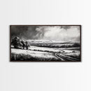 Winter Landscape, Black White, Scenic Country Road, Framed Canvas Print, Serene Nature Art, Rustic Wall Decor, Bedroom Artwork