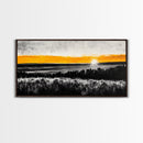 Sunrise Over Fields, Golden Light, Black and White Contrast, Tranquil Scene, Minimalist Wall Art, Warm Tones, Framed Canvas Print