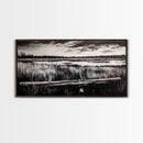 Marshland, Serene, Nature, Black and White, Framed Canvas Print, Landscape Painting, Rustic Wall Art, Cabin Decor, Neutral Tone Art