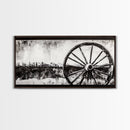 Wagon Wheel, Mountain Landscape, Black and White Western Art, Rustic Home Decor, Framed Canvas Print, Farmhouse Living Room Art