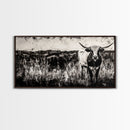 Texas Longhorn, Rustic Farmhouse, Black and White Western Art, Framed Canvas Print, Country Home Decor, Rustic Living Room Wall Art