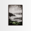 Misty Mountain View, Black and White Landscape, Minimalist Nature Wall Art, Bedroom Decor, Framed Canvas Print, Neutral Aesthetic