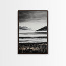 Serene Lake, Black and White Artwork, Misty Mountains, Nature Decor, Minimalist Landscape, Home Office Art, Canvas Print