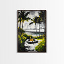 Palm Trees, Fire Pit, Coastal Escape, Beach House Decor, Black and White Art, Tropical Landscape, Canvas Print, Relaxing Wall Art
