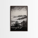 Misty Coast, Black White Art, Framed Canvas Print, Coastal Landscape, Foggy Ocean, Living Room Art, Nautical Decor, Monochrome Art