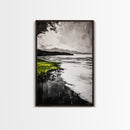 Moody Lake Scene, Black White Green, Framed Canvas Print, Nature Landscape Painting, Serene Wall Art, Contemporary Home Decor