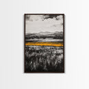 Golden Meadow, Black and White Landscape with Yellow Accents, Minimalist Nature Wall Art, Framed Canvas Print, Living Room or Office Decor