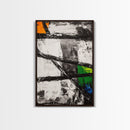 Geometric Abstract, Black and White with Green and Yellow Accents, Modern Minimalist Wall Art, Framed Canvas Print, Office or Loft Decor