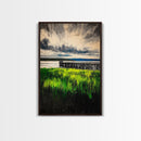 Lakeside Pier, Landscape Painting, Framed Canvas Print, Nature Wall Art, Blue Sky Art, Serene Lake View, Living Room Decor