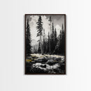 Forest Landscape Print, Black and White Tree Art, Cabin Wall Decor, Nature Inspired Art, Minimalist Scene, Framed Canvas Print