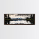Mountain Reflection, Tranquil Lake Art, Black and White Landscape, Nature Inspired Decor, Framed Canvas Print, Cabin Wall Art, Moody Forest Scene