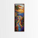 Sunset, Palms, Cactus, Stream - Framed Canvas Print, Tropical Desert Wall Art, Southwest Coastal Decor, Colorful Living Room Boho Painting